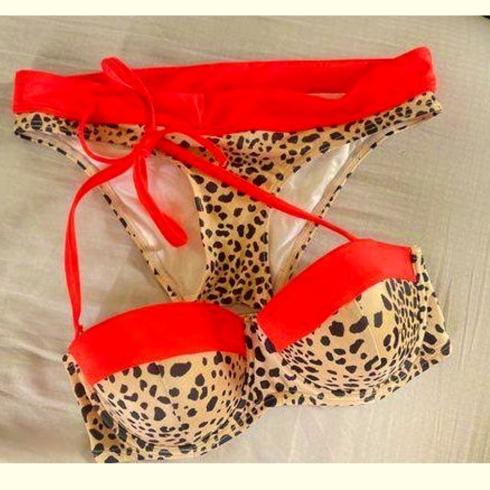 VS Cheetah Print & Red Bikini Set